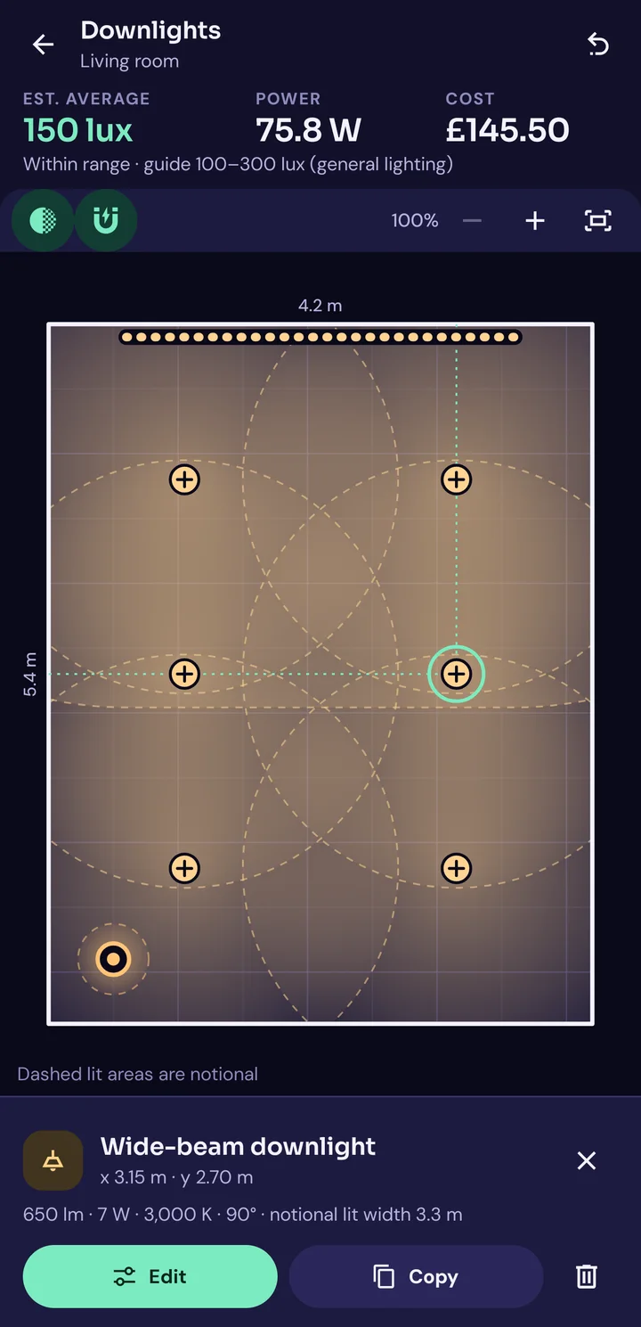 Plan editor: a living room drawn to scale with six ceiling lights, a floor lamp and an LED strip, and the notional lit areas drawn as dashed circles.